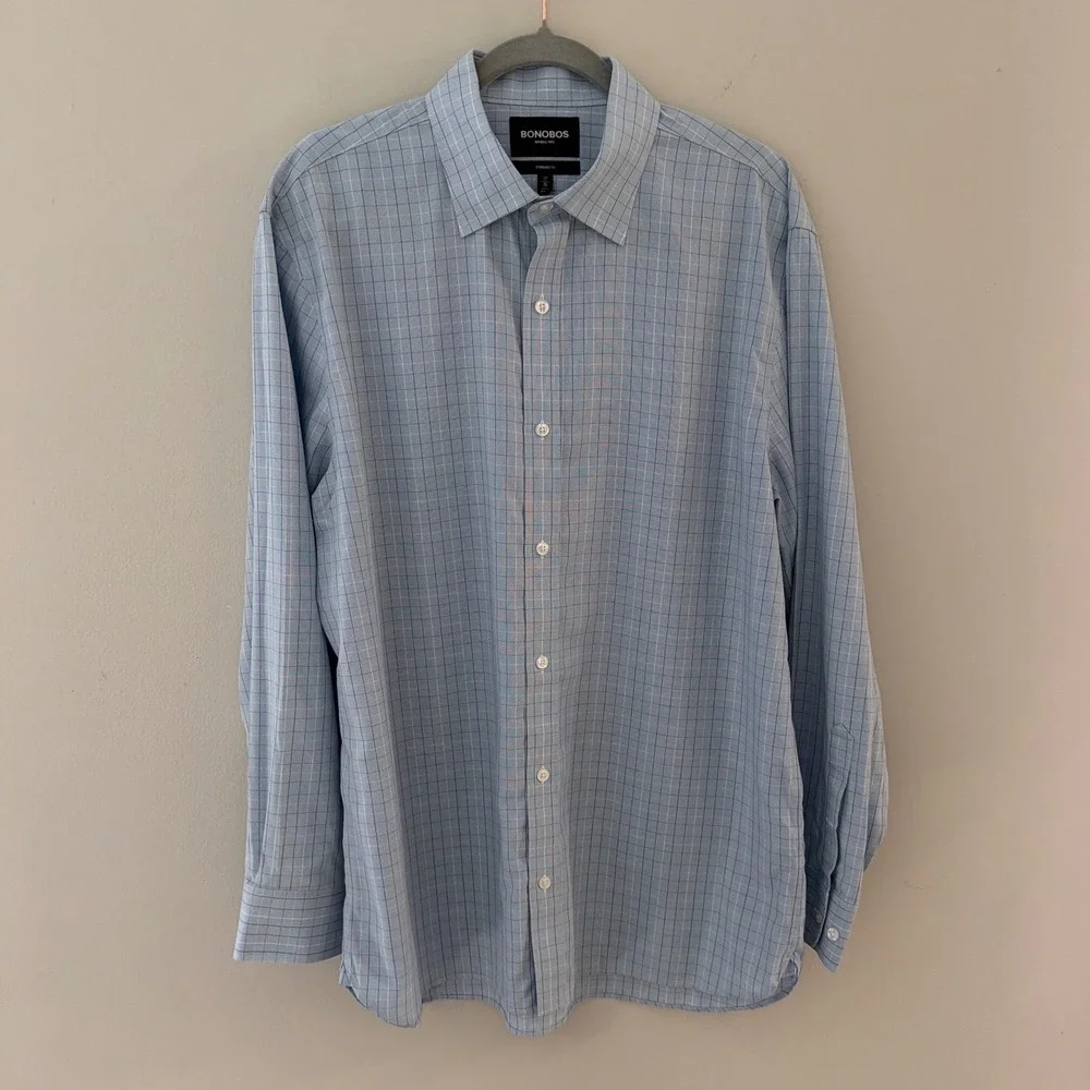 Bonobos Mens Wrinkle-Free Standard Fit Grid Dress Shirt Blue White 17 x 35